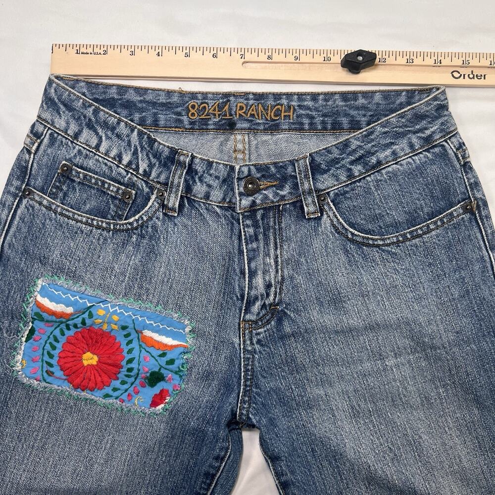 8241 Ranch Jeans Size 6 Blue Floral Crochet Patches Straight Leg Boho Festival - Picture 8 of 15